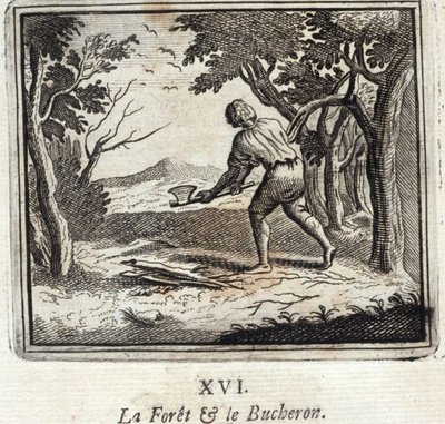 Skogen och Bucheron. Fabler av Jean de La Fontaine (1621-95). Illustration av Francois Chauveau (1613-1676). Upplaga av 1728. av Francois Chauveau
