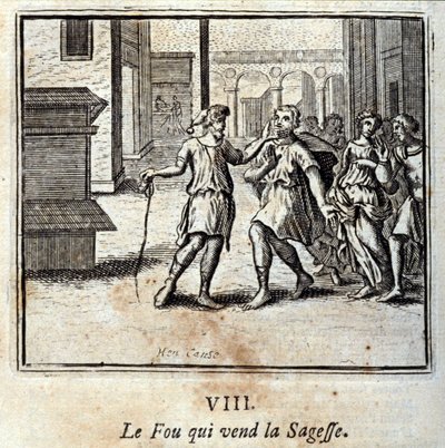 Foun som säljer visdom. Fabler av Jean de La Fontaine (1621-95). Illustration av Francois Chauveau (1613-1676). Upplaga av 1728. av Francois Chauveau