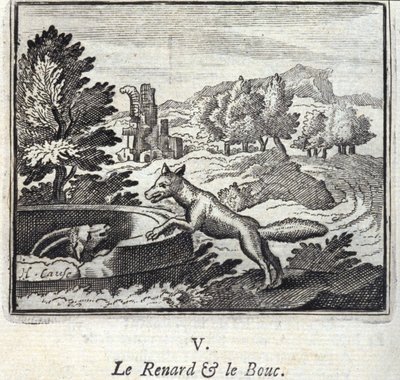 Räven och Bouc.Fables av Jean de La Fontaine (1621-95). Illustration av François Chauveau (1613-1676). Upplaga av 1728. av Francois Chauveau