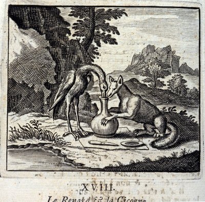 Räven och storken. Fabler av Jean de La Fontaine (1621-95). Illustration av Francois Chauveau (1613-1676). Upplaga av 1728. av Francois Chauveau
