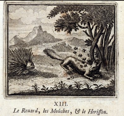 Räven, flugorna och Herisson. Fabler av Jean de La Fontaine (1621-95). Illustration av François Chauveau (1613-1676). Upplaga av 1728. av Francois Chauveau