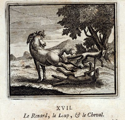 Räven, vargen och hästen. Fabler av Jean de La Fontaine (1621-95). Illustration av François Chauveau (1613-1676). Upplaga av 1728. av Francois Chauveau