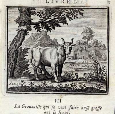Grodan som vill bli lika stor som nötköttet. Fabler av Jean de La Fontaine (1621-95). Illustration av François Chauveau (1613-1676). Upplaga av 1728. av Francois Chauveau