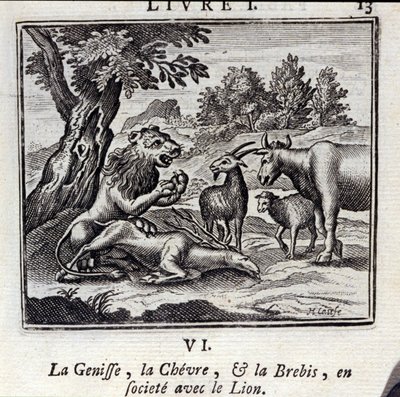 Genissen Gove och fåren i samhället med lejonet. Fabler av Jean de La Fontaine (1621-95). Illustration av François Chauveau (1613-1676). Upplaga av 1728. av Francois Chauveau