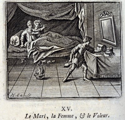 Mannen, kvinnan och tjuven. Fabler av Jean de La Fontaine (1621-95). Illustration av François Chauveau (1613-1676). Upplaga från 1728. av Francois Chauveau