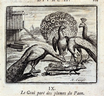 Jay pryder påfågelfjädrar. Fabler av Jean de La Fontaine (1621-95). Illustration av François Chauveau (1613-1676). Upplaga av 1728. av Francois Chauveau