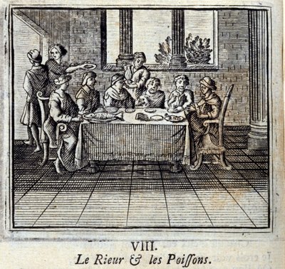 Skrattet och Fiskarna. Fabler av Jean de La Fontaine (1621-95). Illustration av François Chauveau (1613-1676). Upplaga av 1728. av Francois Chauveau