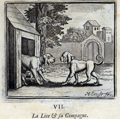 Lösen och hennes följeslagare. Fabler av Jean de La Fontaine (1621-95). Illustration av Francois Chauveau (1613-1676). Upplaga av 1728. av Francois Chauveau
