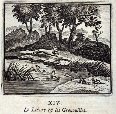 Haren och grodorna. Fabler av Jean de La Fontaine (1621-95). Illustration av Francois Chauveau (1613-1676). Upplaga av 1728. av Francois Chauveau