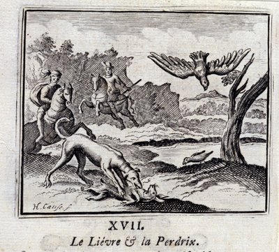 The Lievre and the Pardrix.Fables av Jean de La Fontaine (1621-95). Illustration av François Chauveau (1613-1676). Upplaga av 1728. av Francois Chauveau