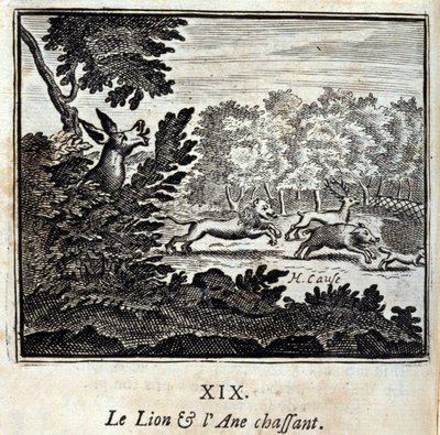Lejonet och åsnan jagar. Fabler av Jean de La Fontaine (1621-95). Illustration av François Chauveau (1613-1676). Upplaga av 1728. av Francois Chauveau