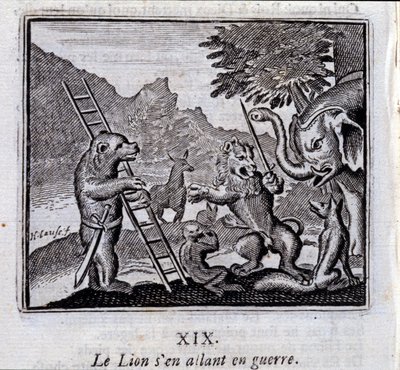 Lejonet går i krig. Fabler av Jean de La Fontaine (1621-95). Illustration av Francois Chauveau (1613-1676). Upplaga av 1728. av Francois Chauveau