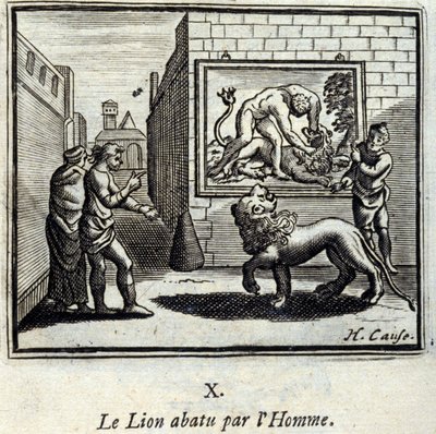 Lejonet nedskjutet av Man. Fabler av Jean de La Fontaine (1621-95). Illustration av François Chauveau (1613-1676). Upplaga av 1728. av Francois Chauveau