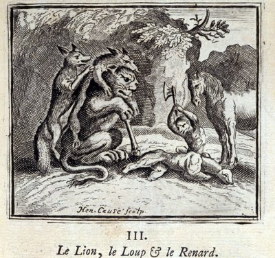Lejonet, vargen och räven. Fabler av Jean de La Fontaine (1621-95). Illustration av François Chauveau (1613-1676). Upplaga av 1728. av Francois Chauveau