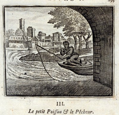 Den lilla fisken och fiskaren. Fabler av Jean de La Fontaine (1621-95). Illustration av François Chauveau (1613-1676). Upplaga av 1728. av Francois Chauveau