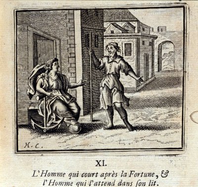Mannen som springer efter Fortune och Mannen som väntar på honom i sängen. Fabler av Jean de La Fontaine (1621-95). Illustration av François Chauveau (1613-1676). Upplaga av 1728. av Francois Chauveau