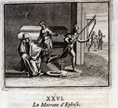 Matronen i Efesos. Fabler av Jean de La Fontaine (1621-95). Illustration av Francois Chauveau (1613-1676). Upplaga av 1728. av Francois Chauveau