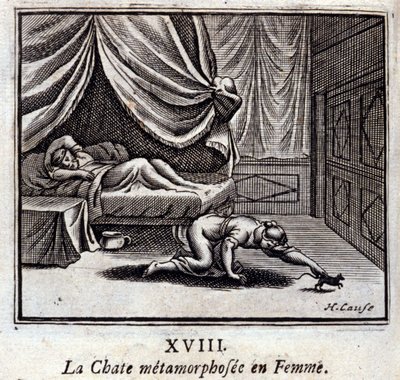 Den metamorfoserade katten i kvinnan. Fabler av Jean de La Fontaine (1621-95). Illustration av François Chauveau (1613-1676). Upplaga av 1728. av Francois Chauveau