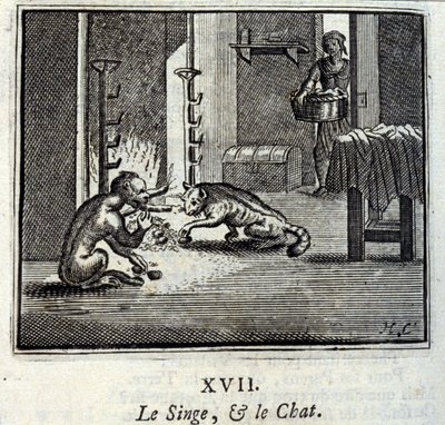 Apan och katten. Fabler av Jean de La Fontaine (1621-95). Illustration av Francois Chauveau (1613-1676). Upplaga av 1728. av Francois Chauveau