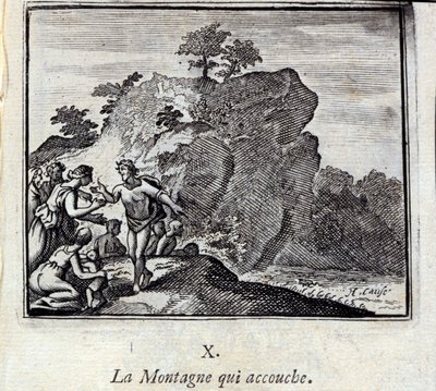 Berget föder. Fabler av Jean de La Fontaine (1621-95). Illustration av Francois Chauveau (1613-1676). Upplaga av 1728. av Francois Chauveau