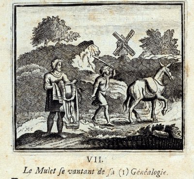 Mullet skryter om sin släktforskning. Fabler av Jean de La Fontaine (1621-95). Illustration av François Chauveau (1613-1676). Upplaga från 1728. av Francois Chauveau
