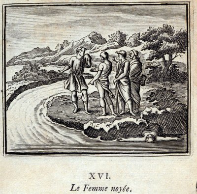 Noyee-kvinnan. Fabler av Jean de La Fontaine (1621-95). Illustration av François Chauveau (1613-1676). Upplaga av 1728. av Francois Chauveau