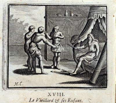 Den gamle mannen och hans barn. Fabler av Jean de La Fontaine (1621-95). Illustration av François Chauveau (1613-1676). Upplaga av 1728. av Francois Chauveau