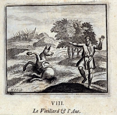 Gubben och åsnan. Fabler av Jean de La Fontaine (1621-95). Illustration av François Chauveau (1613-1676). Upplaga av 1728. av Francois Chauveau