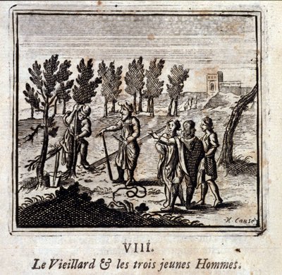 Den gamle och de tre unga männen. Fabler av Jean de La Fontaine (1621-95). Illustration av François Chauveau (1613-1676). Upplaga av 1728. av Francois Chauveau
