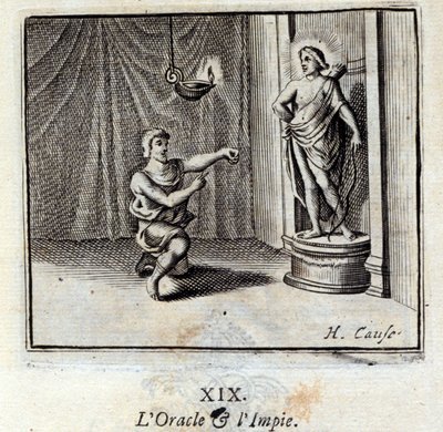 Oraklet och de ogudaktiga. Fabler av Jean de La Fontaine (1621-95). Illustration av Francois Chauveau (1613-1676). Upplaga av 1728. av Francois Chauveau