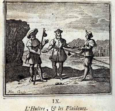 Oystern och rättstvisterna. Fabler av Jean de La Fontaine (1621-95). Illustration av François Chauveau (1613-1676). Upplaga av 1728. av Francois Chauveau