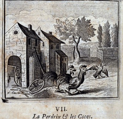 Apphönan och tupparna. Fabler av Jean de La Fontaine (1621-95). Illustration av François Chauveau (1613-1676). Upplaga av 1728. av Francois Chauveau