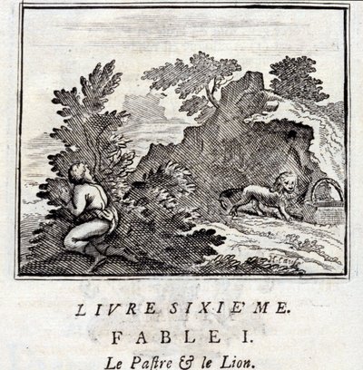 Patra och lejonet. Fabler av Jean de La Fontaine (1621-95). Illustration av François Chauveau (1613-1676). Upplaga från 1728. av Francois Chauveau