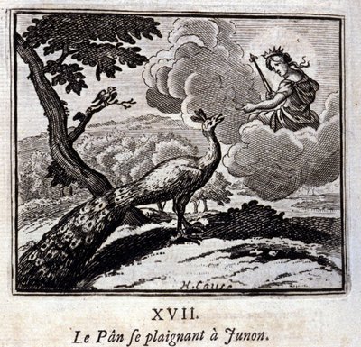 Påfågeln klagar till Junon. Fabler av Jean de La Fontaine (1621-95). Illustration av François Chauveau (1613-1676). Upplaga av 1728. av Francois Chauveau