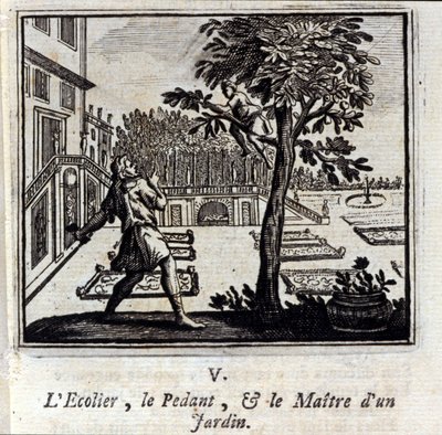 Pedantskolan och en trädgårdsmästare. Fabler av Jean de La Fontaine (1621-95). Illustration av François Chauveau (1613-1676). Upplaga av 1728. av Francois Chauveau