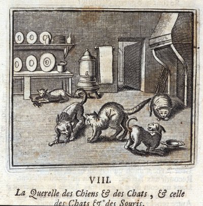 Querelle för hundar och katter och Querelle för katter och möss. Fabler av Jean de La Fontaine (1621-95). Illustrationer av François Chauveau (1613-1676). Upplaga från 1728. av Francois Chauveau