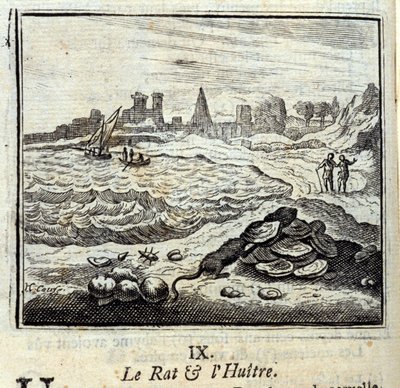 Råttan och Oyer.Fables av Jean de La Fontaine (1621-95). Illustration av Francois Chauveau (1613-1676). Upplaga av 1728. av Francois Chauveau