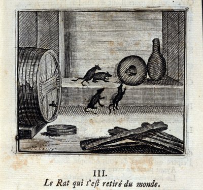 Råttan som drog sig tillbaka från världen. Fabler av Jean de La Fontaine (1621-95). Illustration av François Chauveau (1613-1676). Upplaga av 1728. av Francois Chauveau