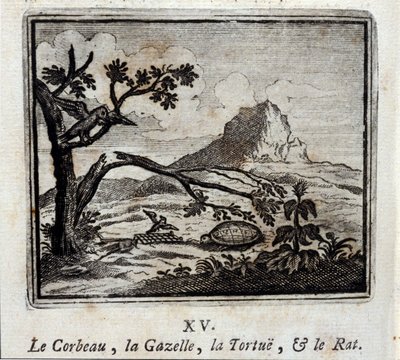 Korpen, Gasellen, Sköldpaddan och Råttan. Fabler av Jean de La Fontaine (1621-95). Illustration av François Chauveau (1613-1676). Upplaga av 1728. av Francois Chauveau
