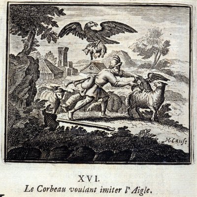 Korpen som vill imitera örnen. Fabler av Jean de La Fontaine (1621-95). Illustration av François Chauveau (1613-1676). Upplaga av 1728. av Francois Chauveau