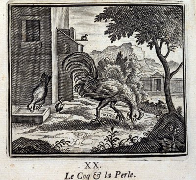 Tuppen och Pärlan. Fabler av Jean de La Fontaine (1621-95). Illustration av François Chauveau (1613-1676). Upplaga av 1728. av Francois Chauveau