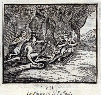 Satyren och passageraren. Fabler av Jean de La Fontaine (1621-95). Illustration av François Chauveau (1613-1676). Upplaga av 1728. av Francois Chauveau