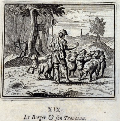 Herden och hans flock. Fabler av Jean de La Fontaine (1621-95). Illustration av François Chauveau (1613-1676). Upplaga av 1728. av Francois Chauveau