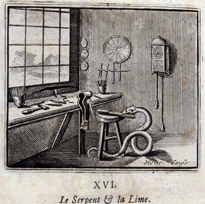 The Snake and the Lime.Fables av Jean de La Fontaine (1621-95). Illustration av Francois Chauveau (1613-1676). Upplaga av 1728. av Francois Chauveau