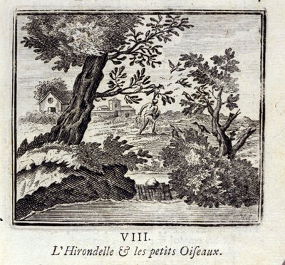 Svalan och småfåglarna. Fabler av Jean de La Fontaine (1621-95). Illustration av François Chauveau (1613-1676). Upplaga av 1728. av Francois Chauveau