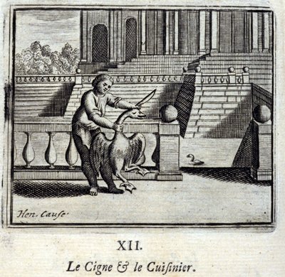 Svanen och kocken. Fabler av Jean de La Fontaine (1621-95). Illustration av Francois Chauveau (1613-1676). Upplaga av 1728. av Francois Chauveau