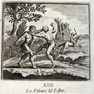 The Thieves and the Ane.Fables av Jean de La Fontaine (1621-95). Illustration av Francois Chauveau (1613-1676). Upplaga av 1728. av Francois Chauveau