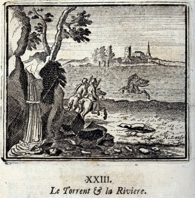 Torrent och Riviere. Fabler av Jean de La Fontaine (1621-95). Illustration av Francois Chauveau (1613-1676). Upplaga av 1728. av Francois Chauveau
