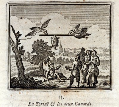 Sköldpaddan och de två ankorna. Fabler av Jean de La Fontaine (1621-95). Illustration av François Chauveau (1613-1676). Upplaga av 1728. av Francois Chauveau