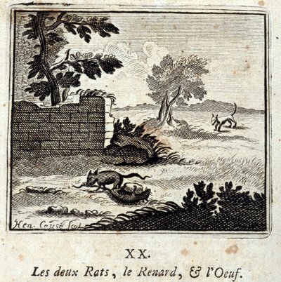 De två råttorna, räven och ägget. Fabler av Jean de La Fontaine (1621-95). Illustration av François Chauveau (1613-1676). Upplaga av 1728. av Francois Chauveau
